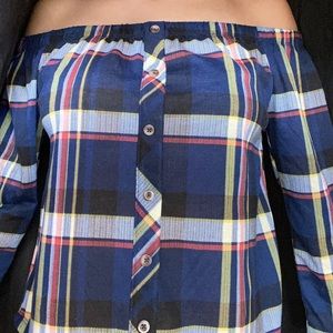 Off the shoulder plaid long sleeve blouse